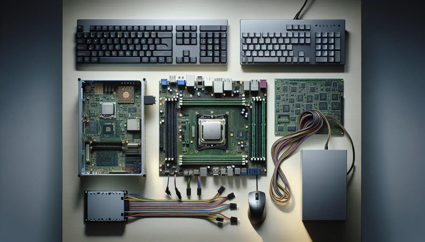 Vista aérea de una mesa de trabajo con una placa base de computadora, procesador metálico, teclado, ratón óptico, tarjeta de expansión y fuente de poder, conectados por cables de colores.