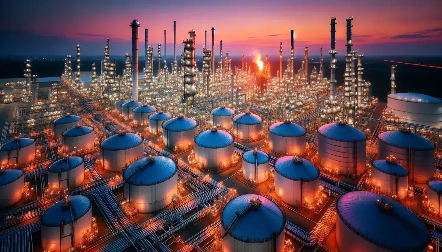 Vista aérea de refinería de petróleo al atardecer con tanques de almacenamiento y torres de destilación iluminadas por el crepúsculo.