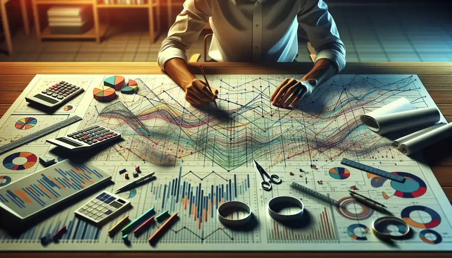 Economist analyzing colorful abstract graphs and charts on a desk with a calculator, ruler, and compass, in a softly lit academic setting.