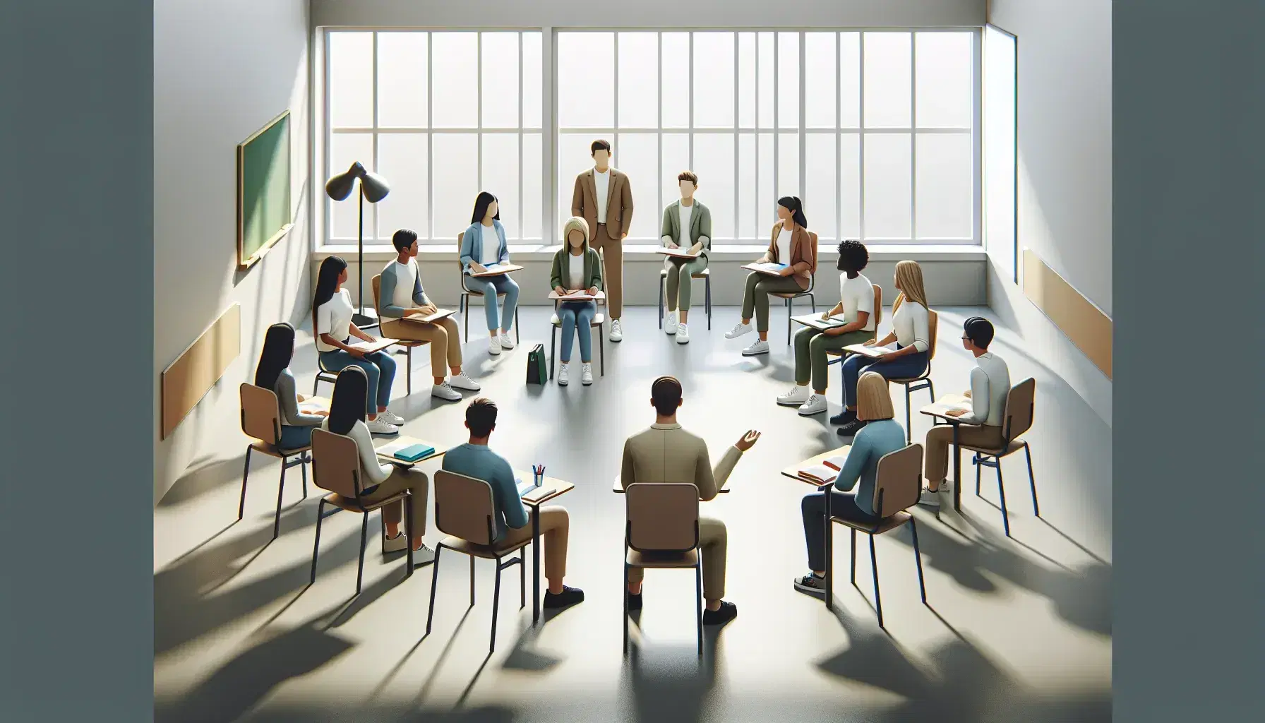 Diverse group of students sitting in a semicircle attentive to the teacher who manages the lesson in a bright and neutral classroom.