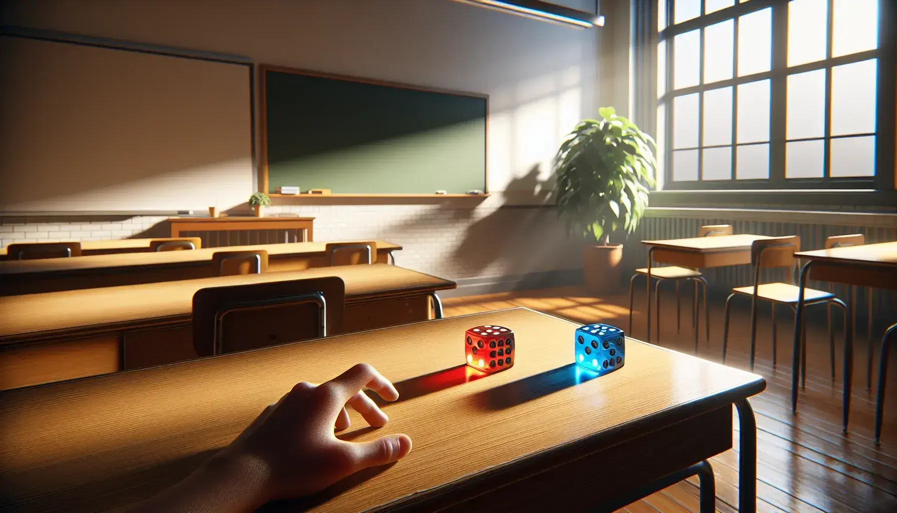 Tre dadi traslucidi rosso, blu e verde allineati su un tavolo in legno chiaro in una classe scolastica, con una mano pronta a lanciarli.