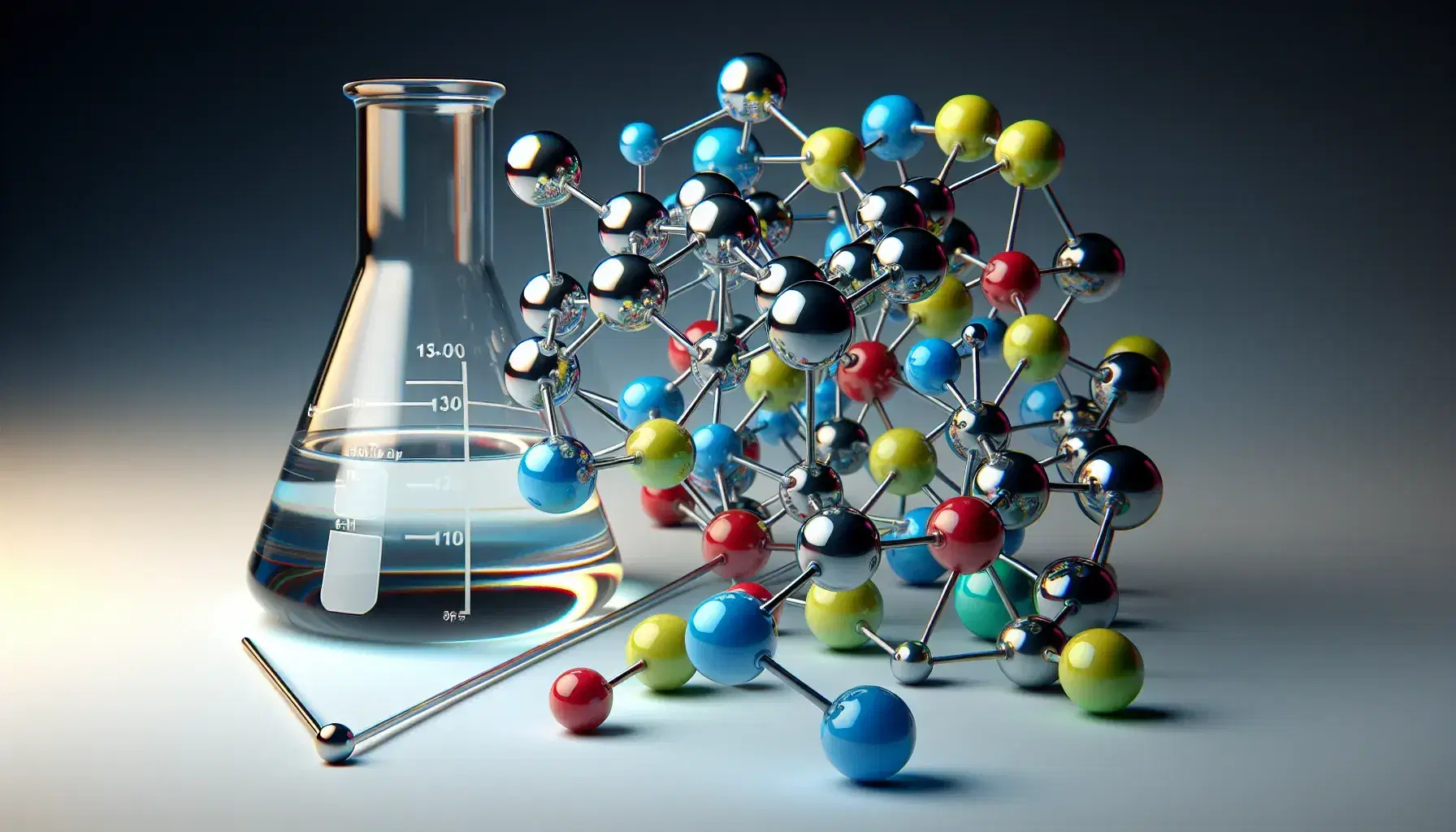 Modelo molecular tridimensional con esferas de colores y varillas grises junto a matraz Erlenmeyer con líquido transparente en laboratorio.