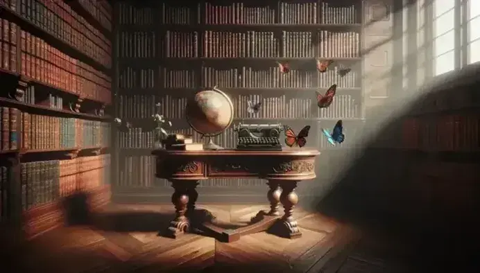 Biblioteca antigua con estanterías de madera oscura llenas de libros, mesa central con globo terráqueo y mariposas, junto a una máquina de escribir negra, bajo la luz de una ventana.