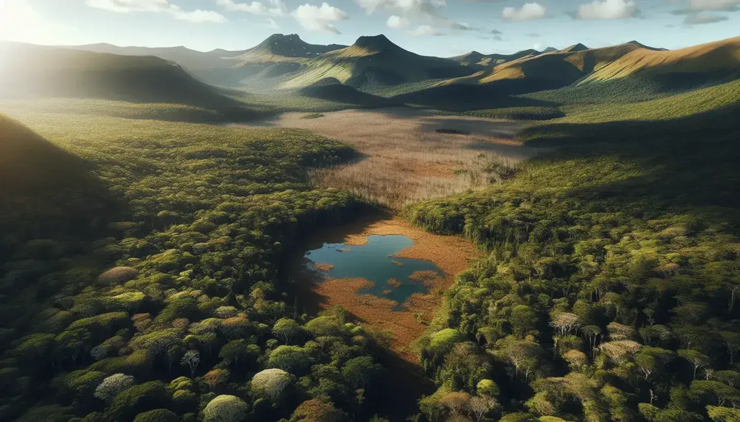 Vista aérea de un bosque frondoso con un lago pequeño y montañas nevadas al fondo bajo un cielo despejado.