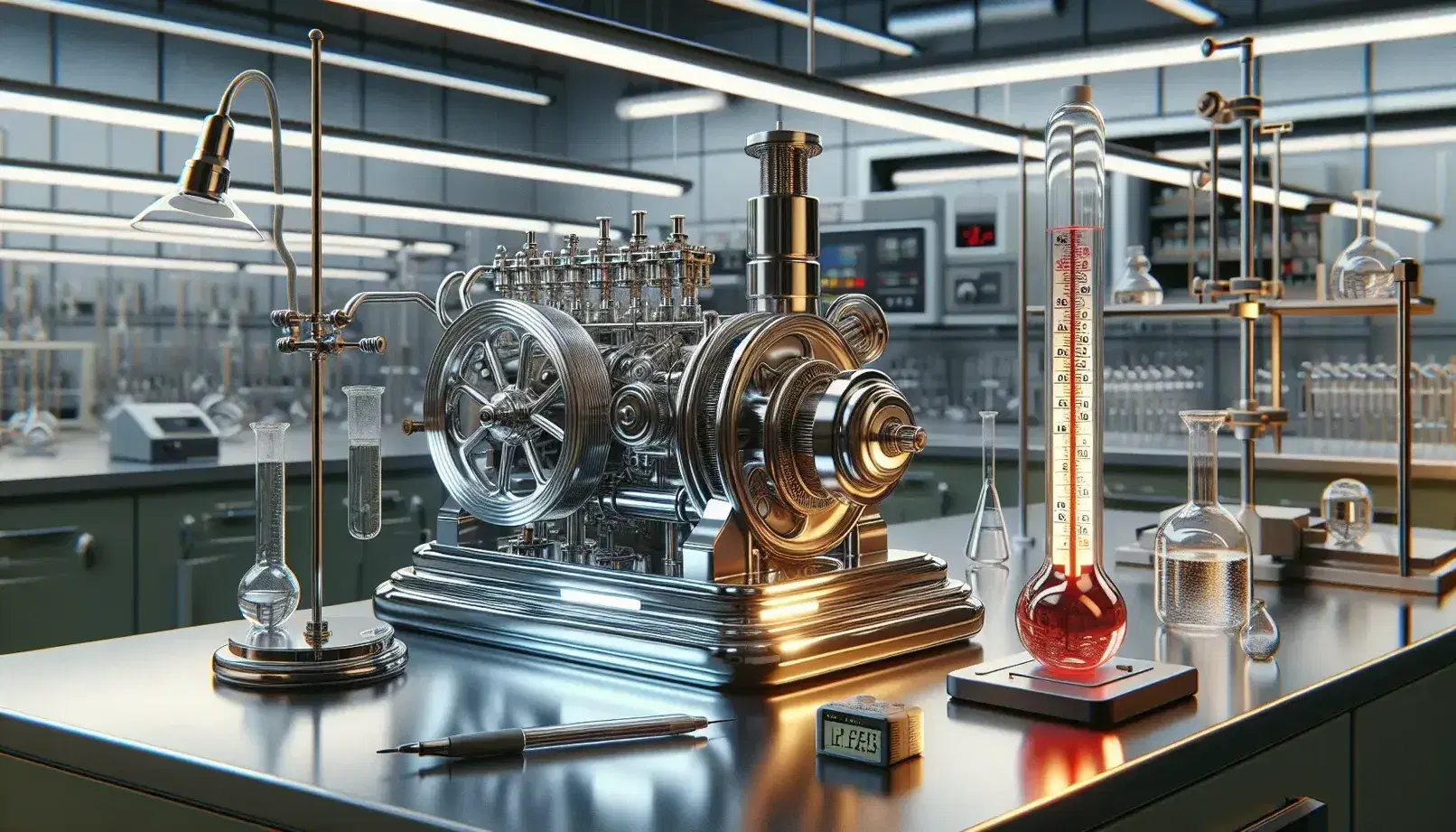 Laboratorio científico con motor Stirling metálico, termómetro de vidrio, balanza de precisión y matraz Erlenmeyer en mesa de laboratorio.