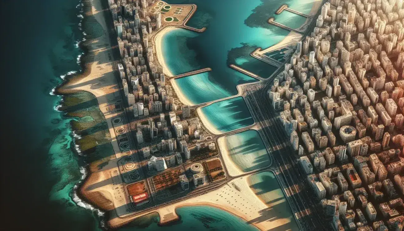 Vista aérea de ciudad costera con playa de arena clara, mar azul intenso, edificios variados y zona verde, sin vehículos visibles.