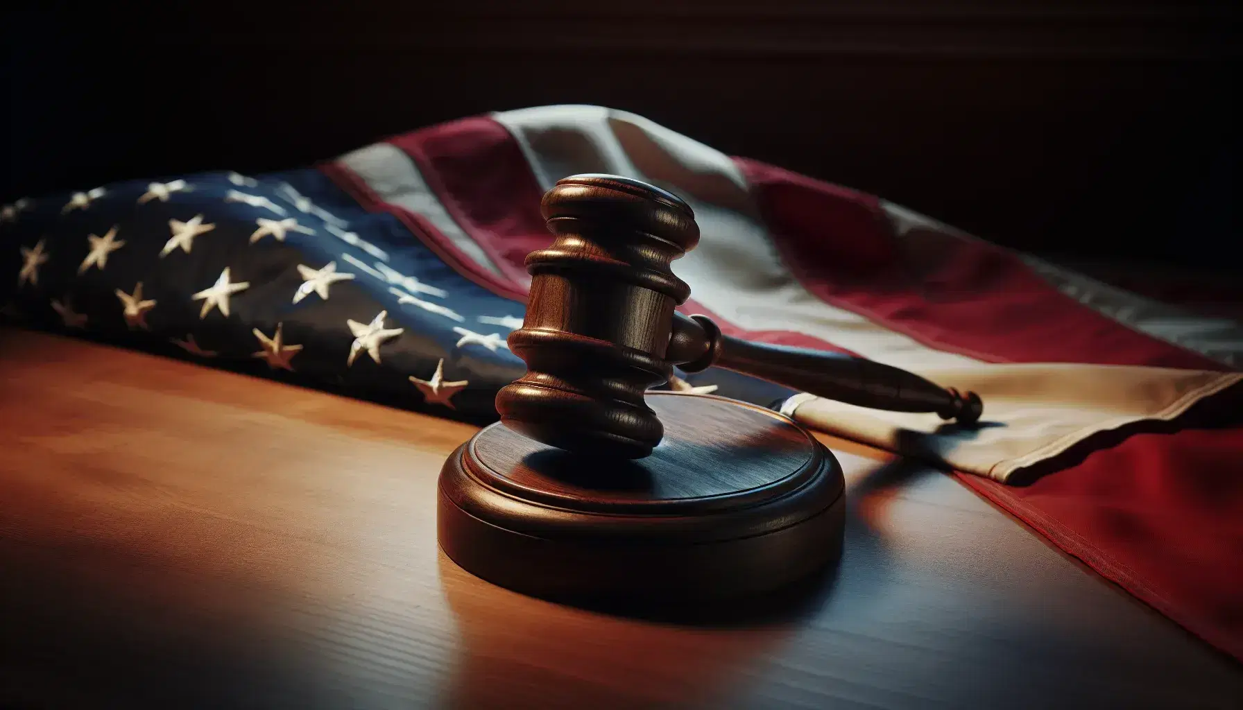 Wooden gavel on sound block with American flag in the background, symbolizing law and justice in the United States.