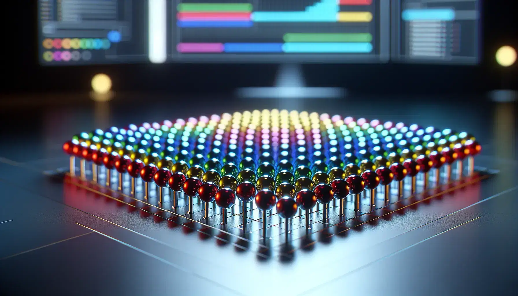 Neat grid of colored spheres on reflective surface with blurred monitor background, visual representation of an array.
