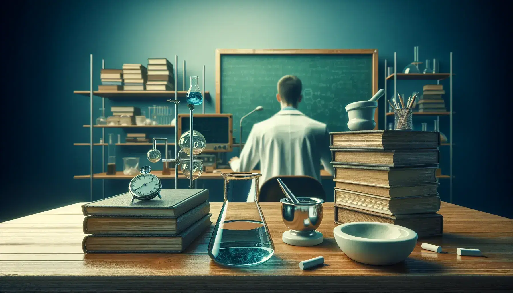 Laboratory scene with a beaker of blue liquid, mortar and pestle, textbooks, stopwatch, and a scientist analyzing data on a computer.