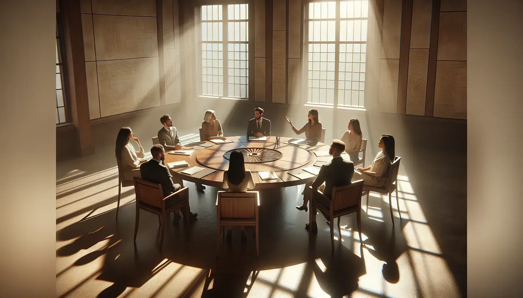 Round table discussion in a sunlit room with five diverse individuals engaged in conversation, papers and pens on table, reflecting a collaborative atmosphere.