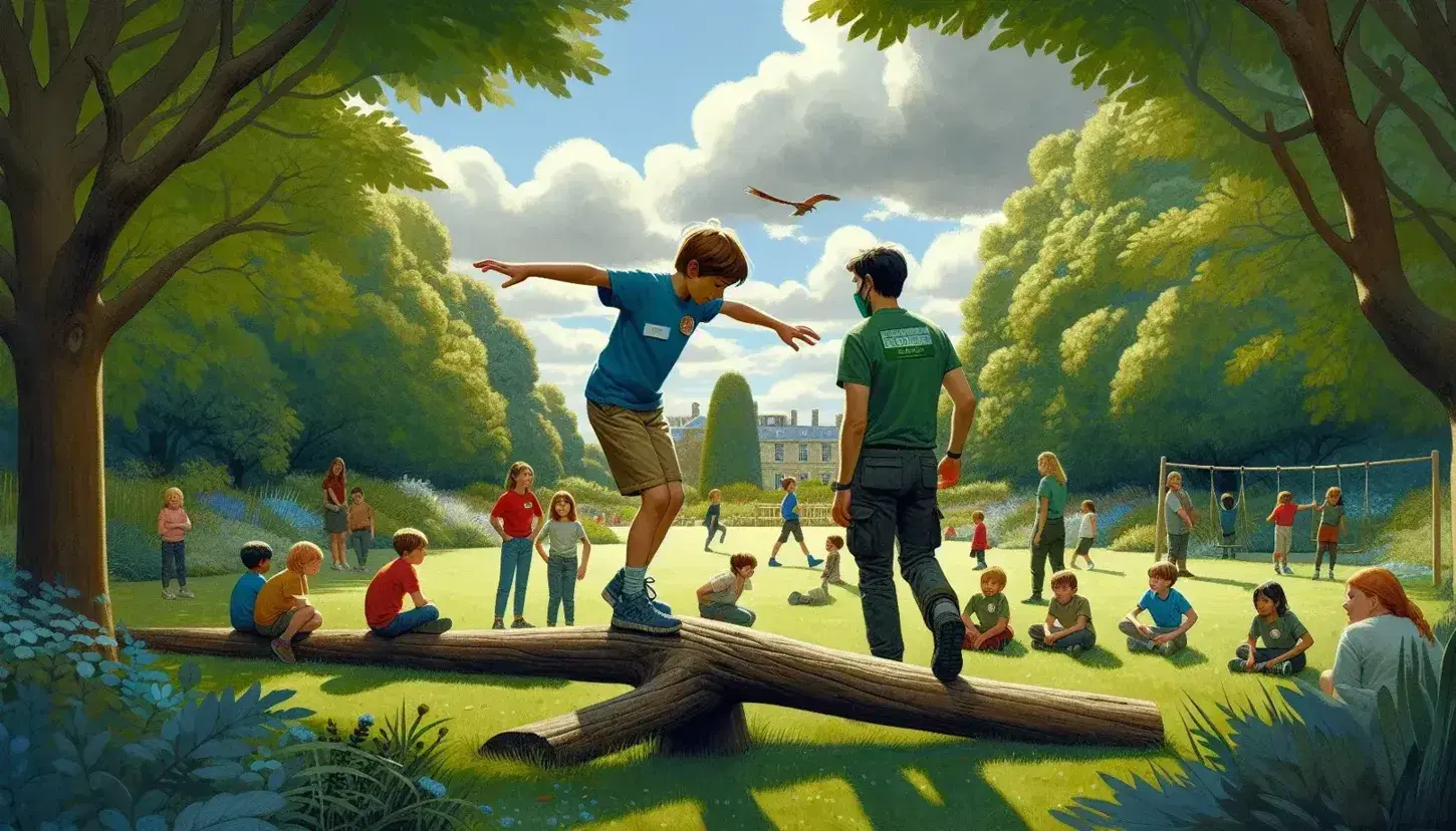 Bambini di diverse età e origini partecipano a un'attività all'aperto in un parco, con un bambino che si bilancia su un tronco caduto.