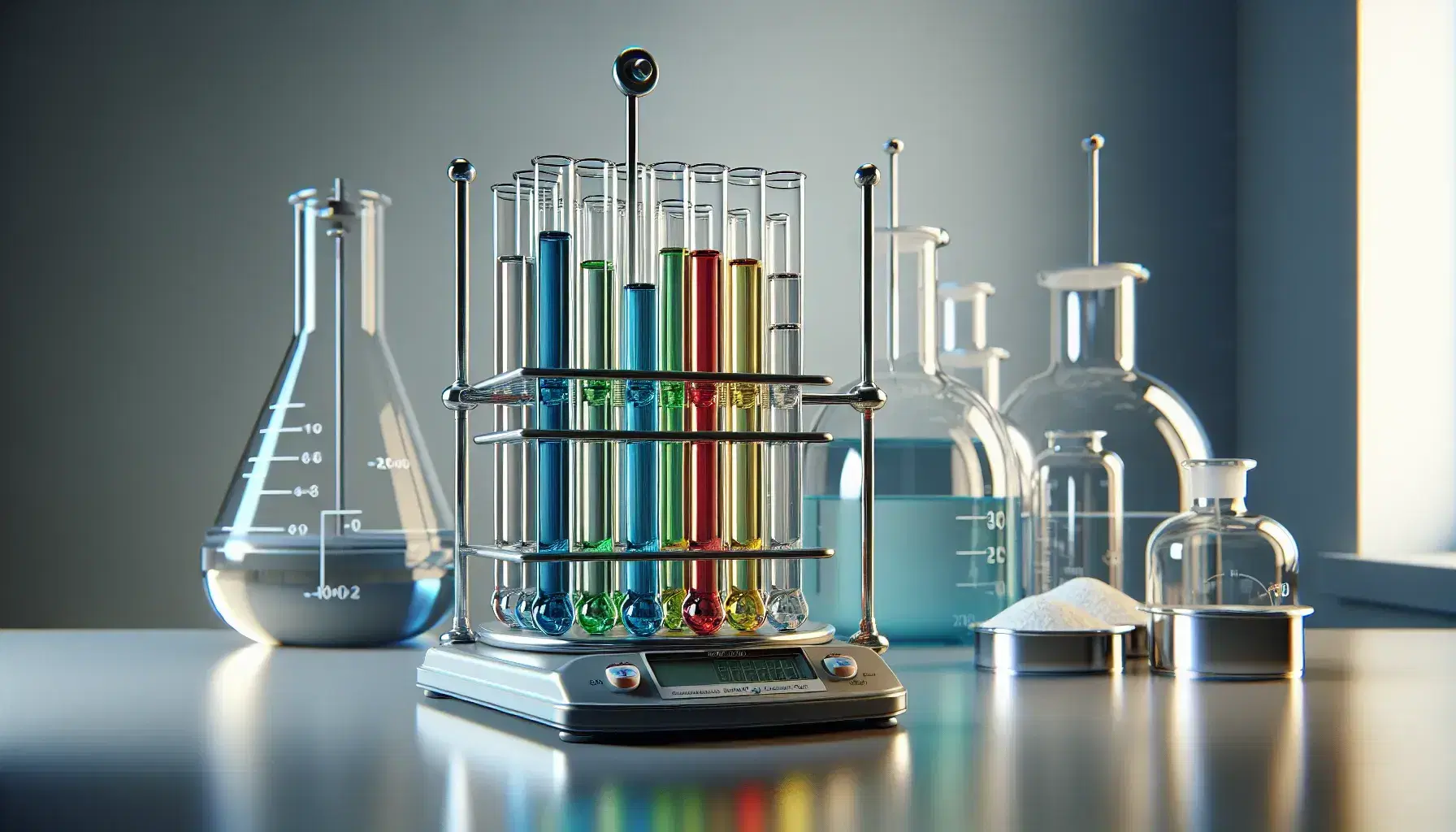 Tubos de ensayo con líquidos de colores azul, verde, amarillo, rojo y transparente en soporte metálico, balanza analítica y frasco Erlenmeyer en laboratorio.