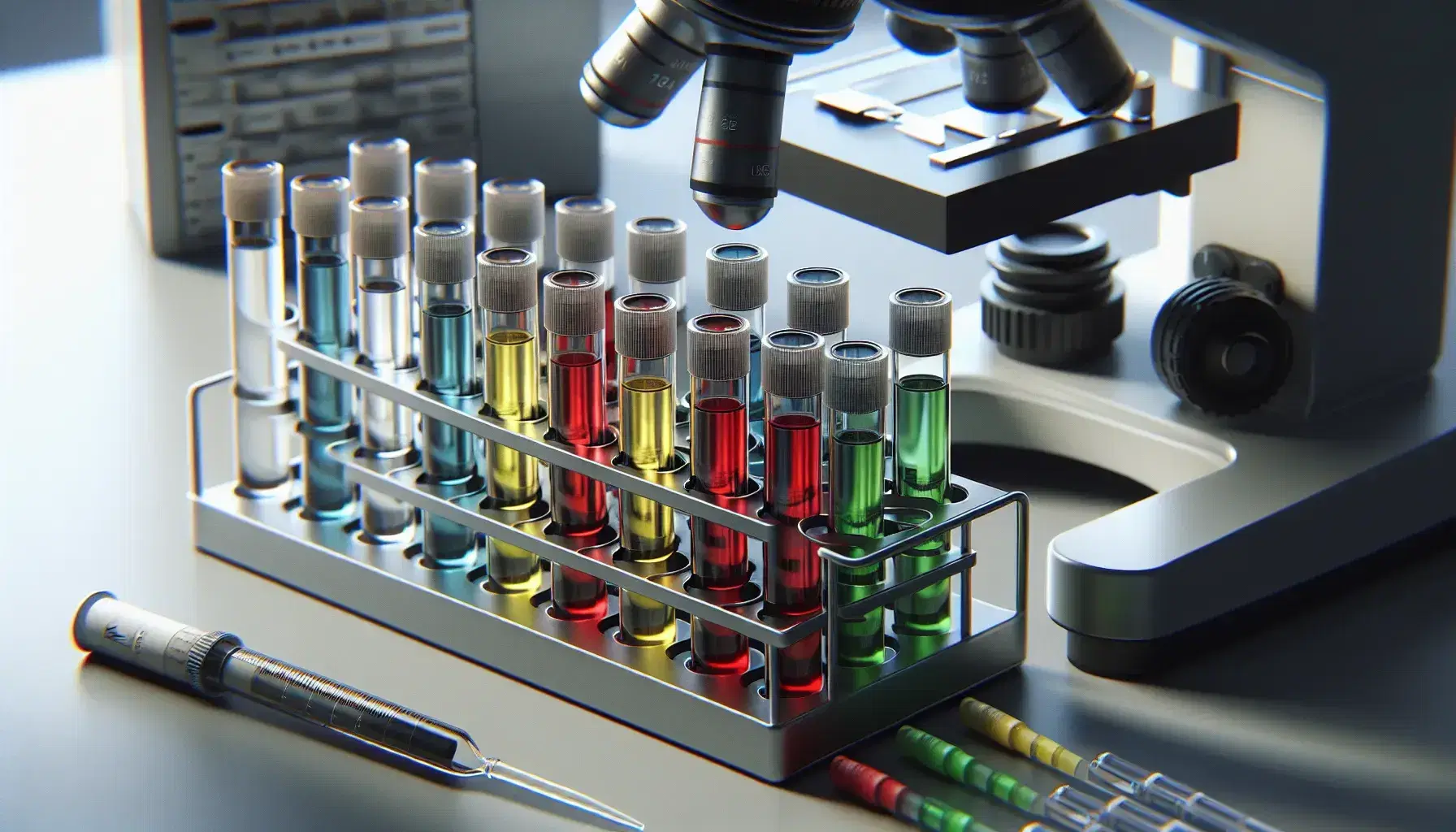 Tubos de ensayo con líquidos de colores rojo, amarillo, verde y azul en soporte metálico y microscopio de fondo en laboratorio de investigación.