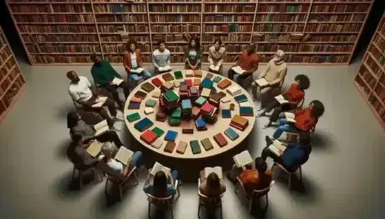 Grupo diverso de personas en círculo en una biblioteca con libros sobre mesa redonda, rodeados de estanterías llenas y luz suave.