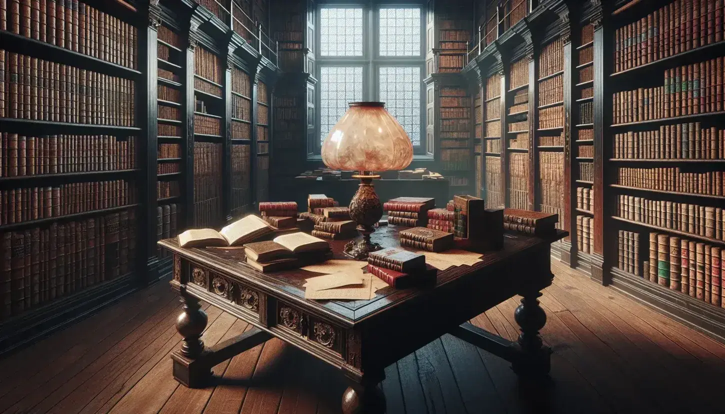 Biblioteca antica con scaffali in legno scuro pieni di libri rilegati, scrivania con volumi aperti e lampada accesa, grande finestra sullo sfondo.