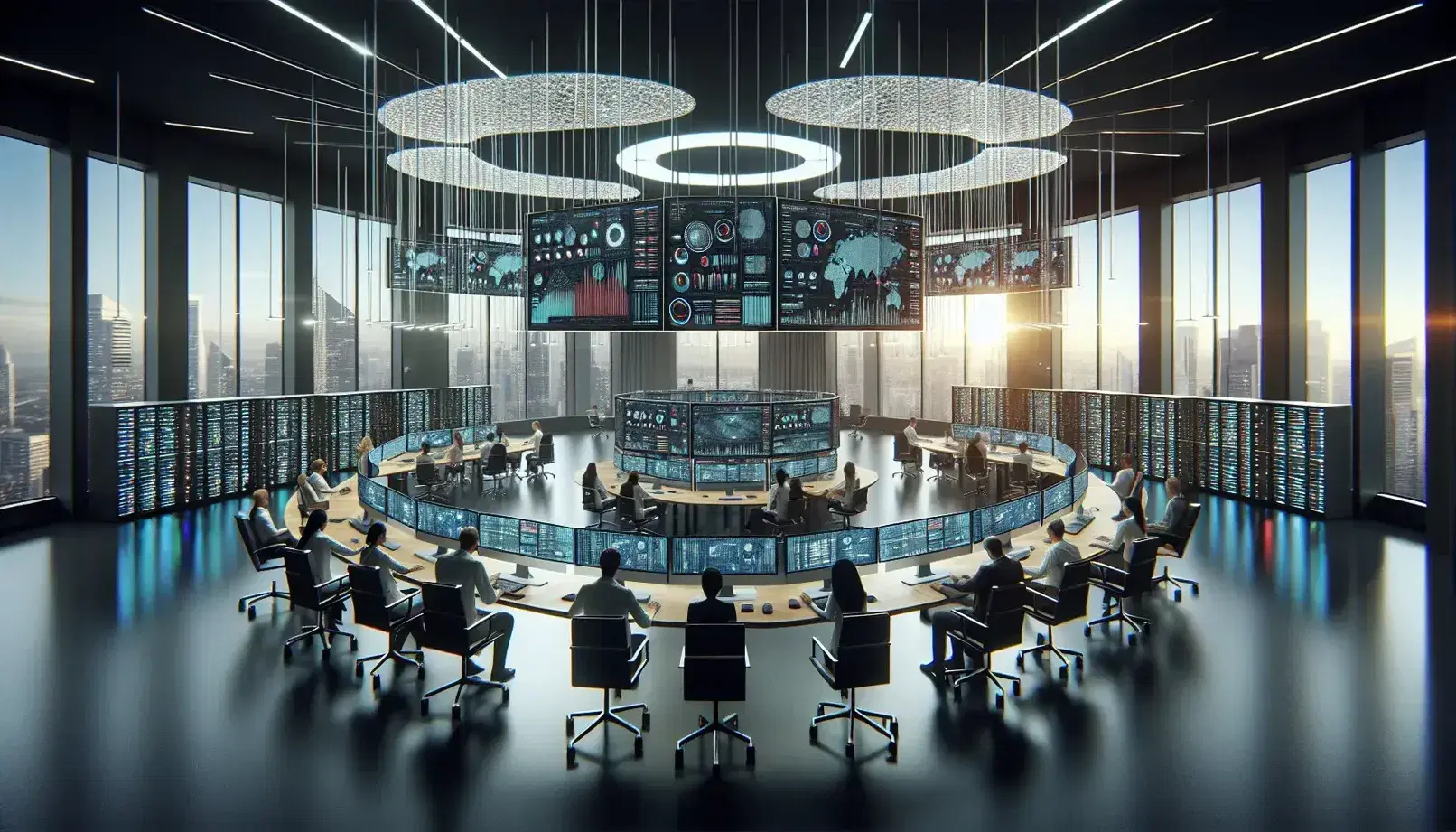 Modern office with oval table and high-tech workstations, people at work, geometric lights and flashing servers, city view at sunset.