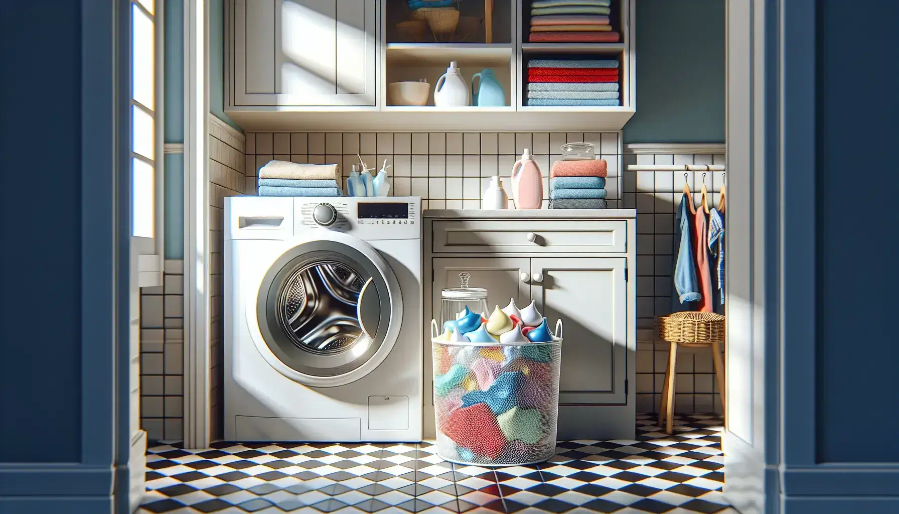 Bright modern laundry room with a white front-loading washer, colorful clothes in a basket on a checkerboard floor, and detergent pods on a gray countertop.