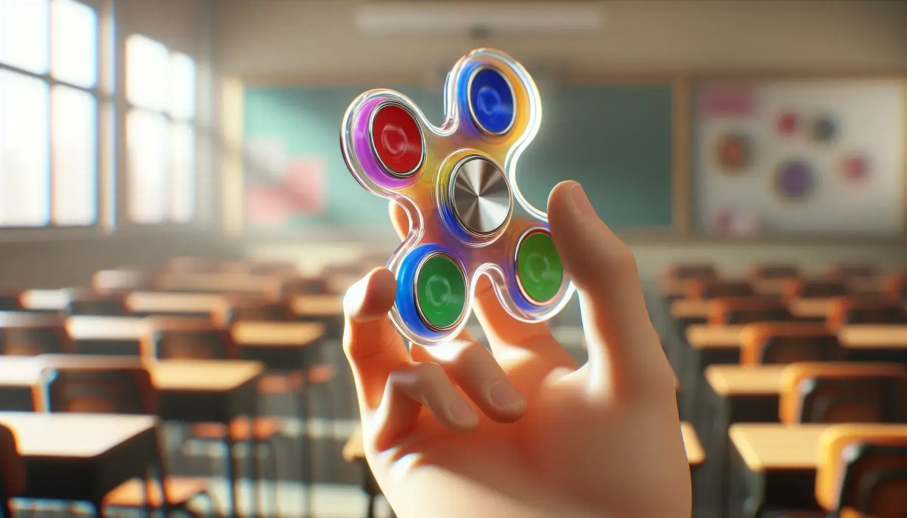 Hand holding a transparent spinner with colored sections in red, blue, green, yellow, purple and orange, blurred classroom background.