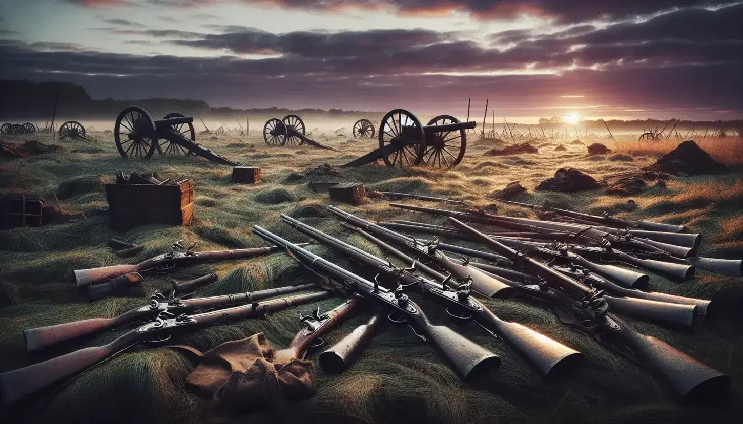 Campo di battaglia storico al tramonto con fucili abbandonati e cannoni silenziosi, cielo arancione e viola.