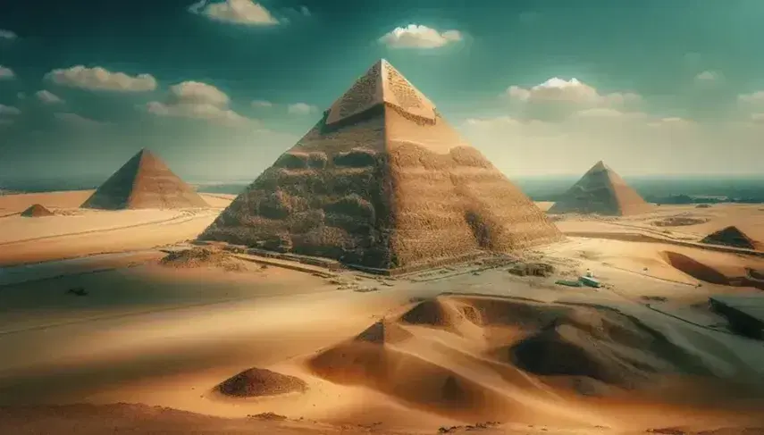 Vista panorámica de las Pirámides de Giza con la Gran Pirámide, la de Khafre, Menkaure y la Esfinge bajo un cielo azul.