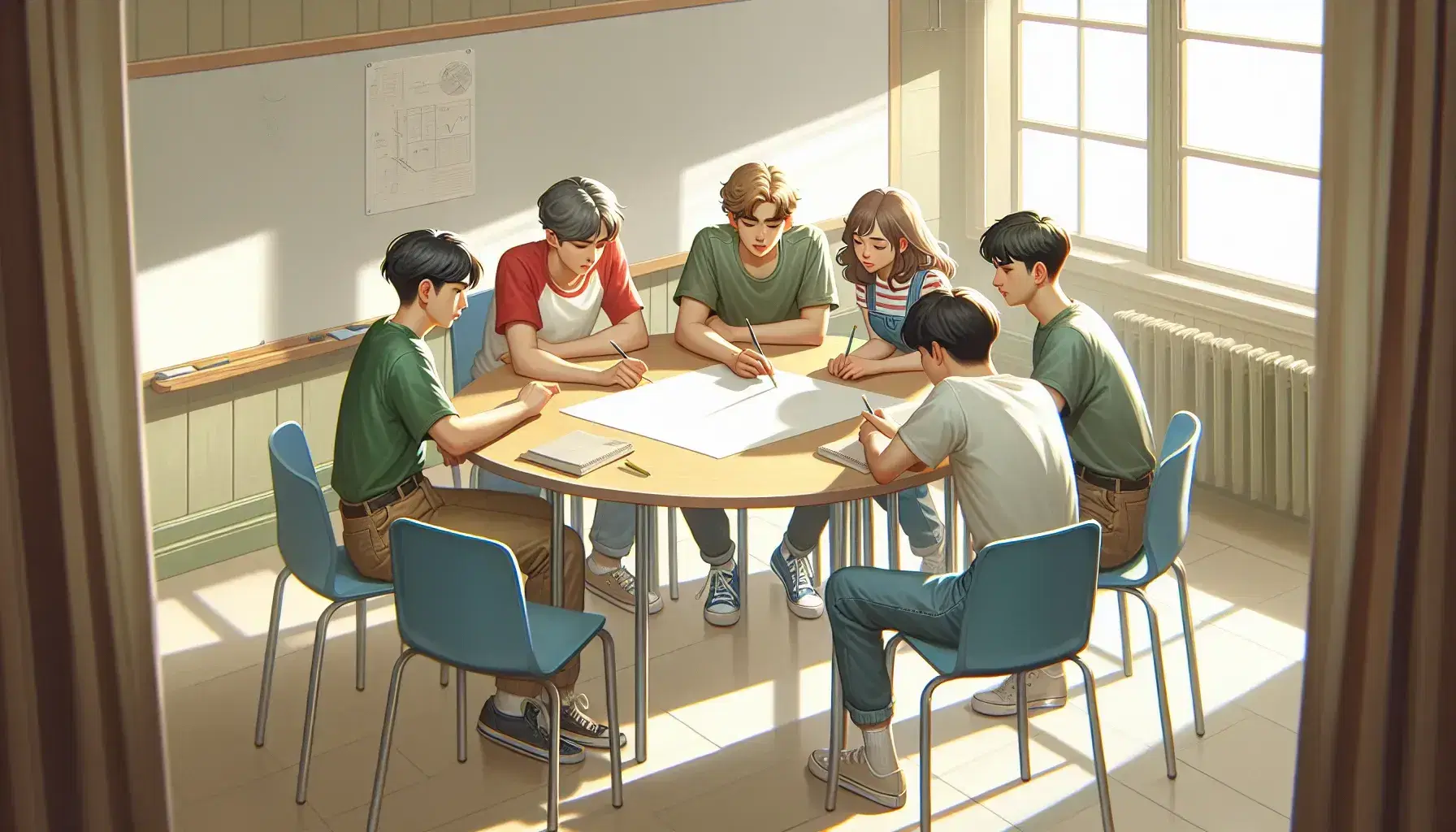 Cinco estudiantes colaboran en una tarea, sentados alrededor de una mesa redonda con un papel en el centro, en una sala iluminada con luz natural.