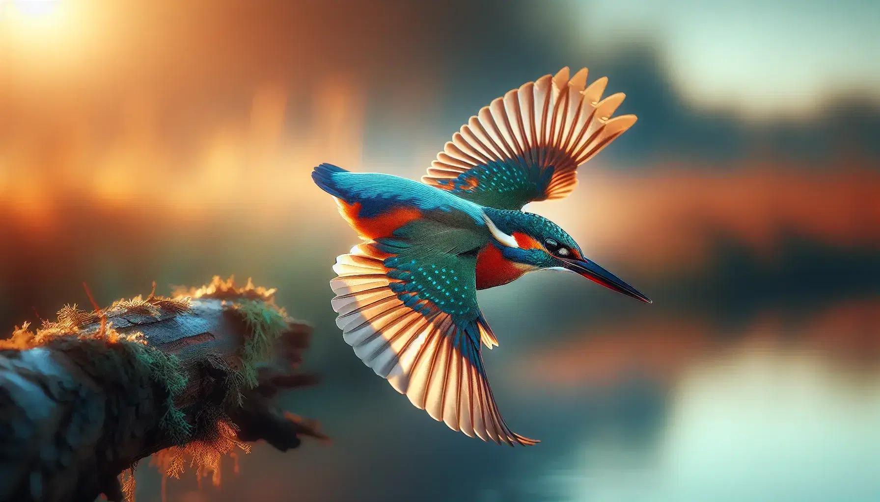 Vibrant kingfisher in flight with extended wings, showcasing iridescent blue-green plumage and orange underbelly against a blurred natural backdrop.