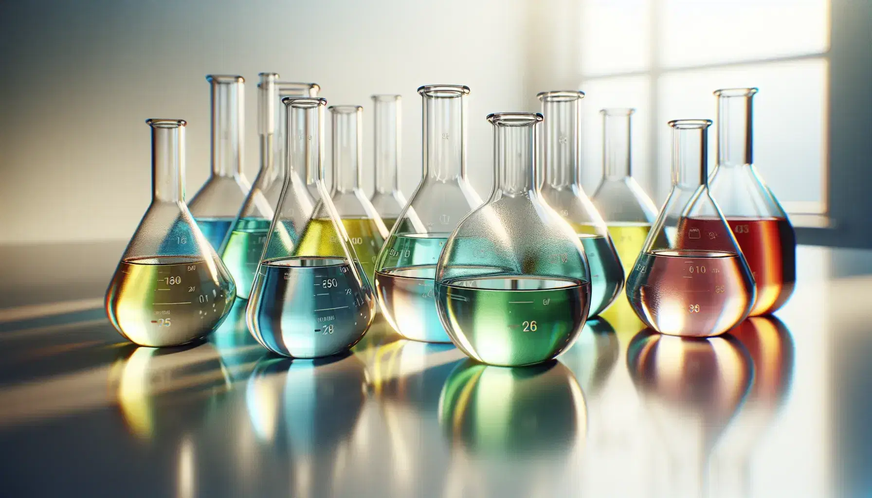 Frascos de Erlenmeyer de vidrio en fila con líquidos de colores azul claro, verde, amarillo y rojo sobre superficie blanca en laboratorio, sin etiquetas visibles.