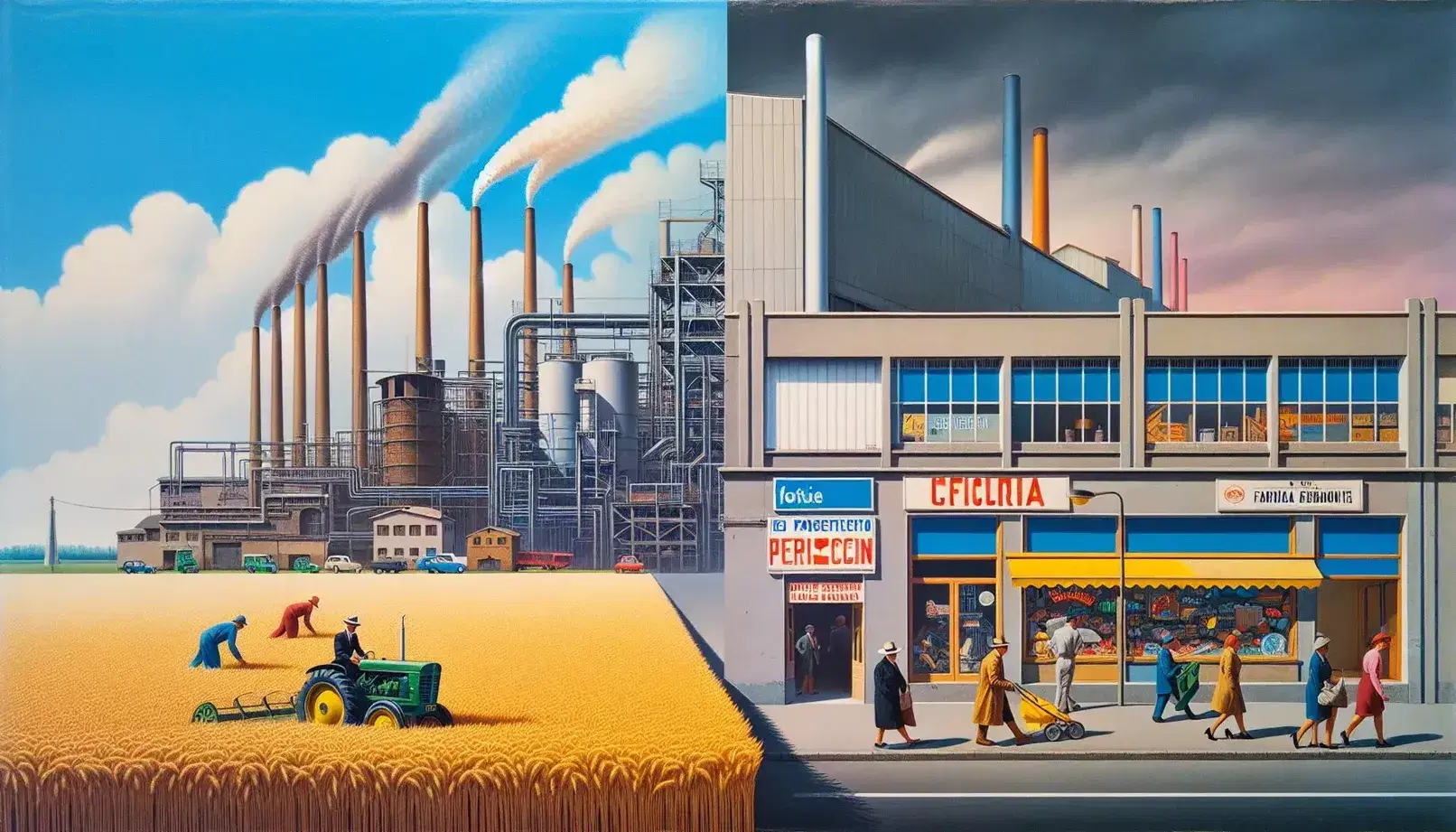 Campo di grano dorato con agricoltore su trattore, fabbrica con camino fumante e scena urbana con pedoni e negozi rappresentano i settori economici italiani.