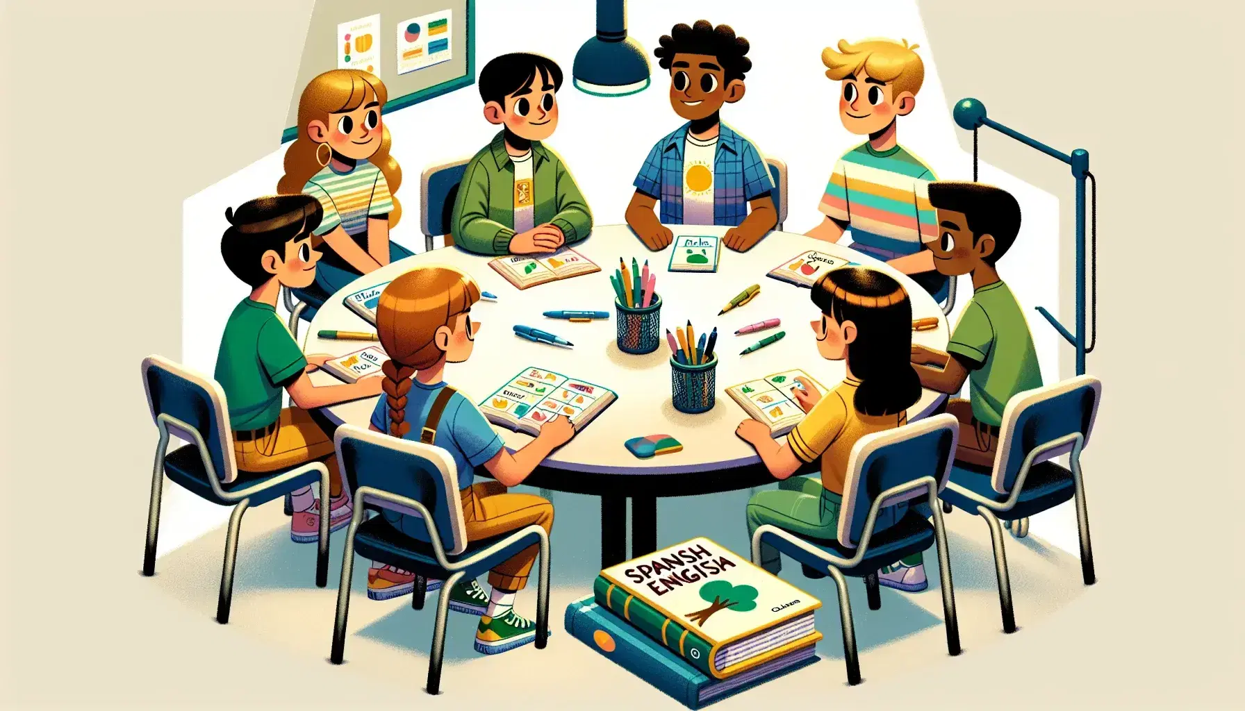 Diverse group of students engaged in a Spanish learning activity with flashcards and a dictionary on a round table in a sunlit classroom.