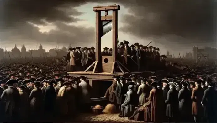 Guillotine on a wooden platform with a hay-filled basket beneath, surrounded by a faceless crowd, against a backdrop of 18th-century Parisian skyline under a gray sky.