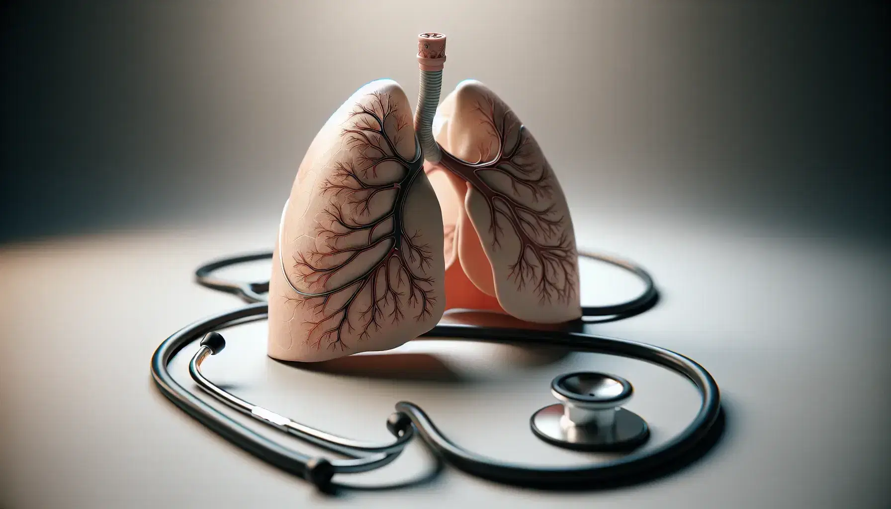 Detailed human lung model showcasing bronchial tree and blood vessels with a stethoscope in the foreground, set against a light grey background.