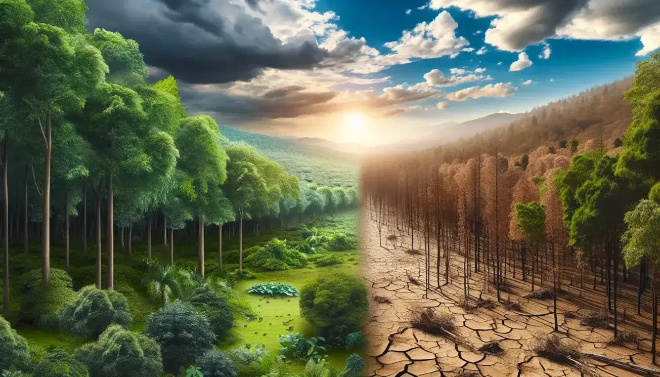 Bosque frondoso con troncos gruesos y follaje verde a la izquierda contrasta con terreno árido y agrietado a la derecha bajo cielos distintos.