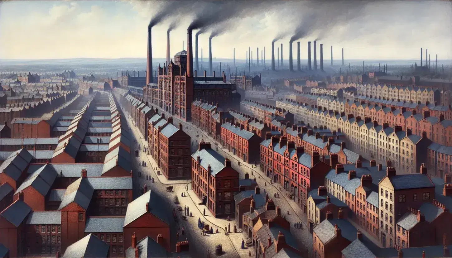 Vista panorámica de una ciudad industrial con fábricas humeantes, casas adosadas y un espacio abierto central, bajo un cielo nublado por la contaminación.