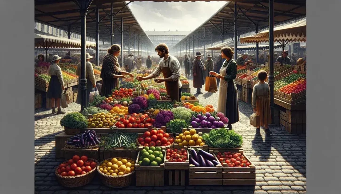 Bustling outdoor market with colorful fruit and vegetable stall, vendor handing produce to customer, clear blue sky, lively atmosphere.