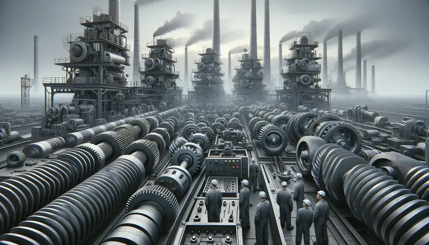 Escena industrial con chimeneas de fábrica emitiendo humo, maquinaria pesada con engranajes de acero y trabajadores en plena actividad bajo cielo gris.