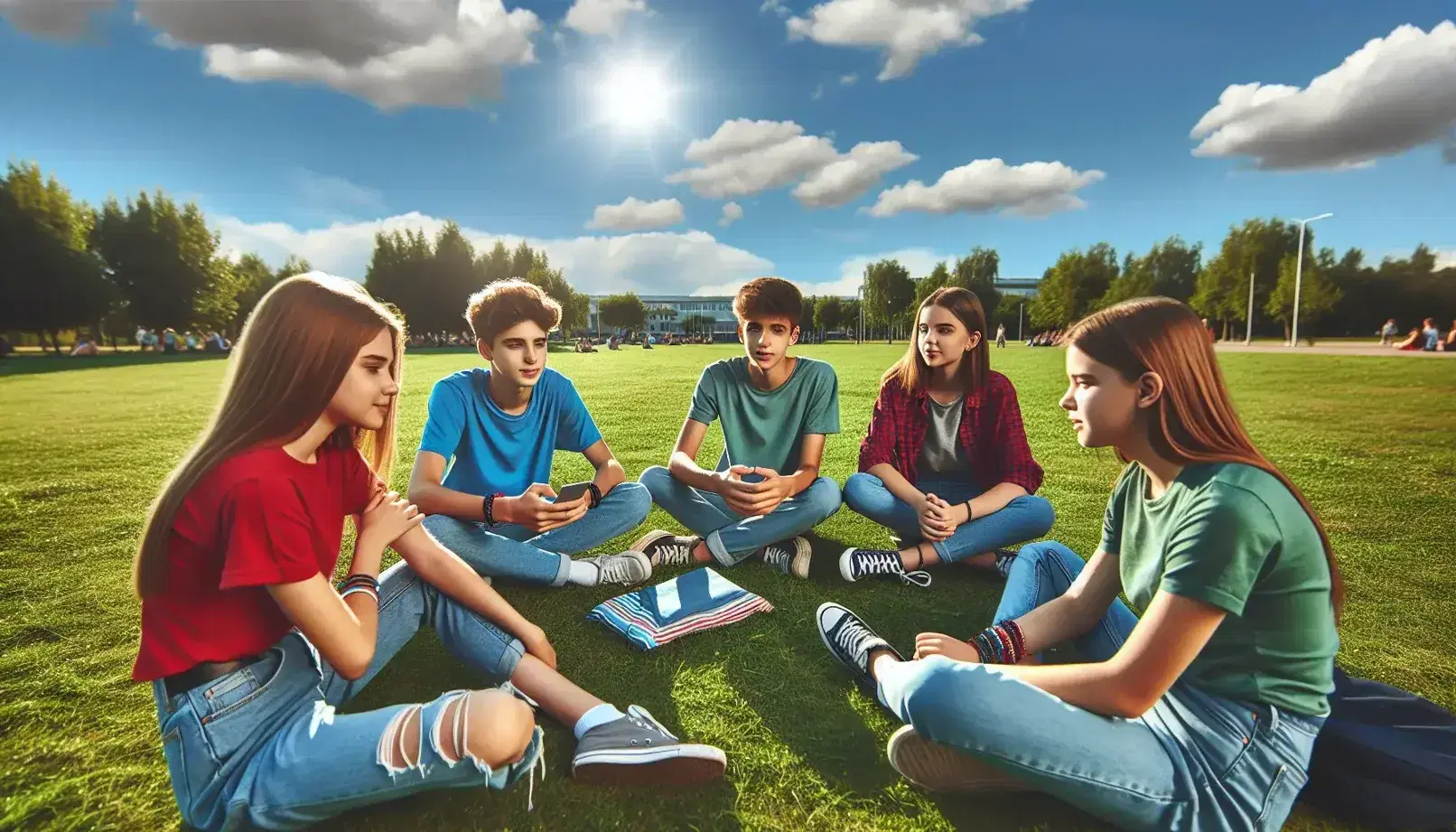 Grupo de cinco adolescentes disfrutando de un día soleado en un parque, sentados en el césped y conversando, con árboles al fondo.