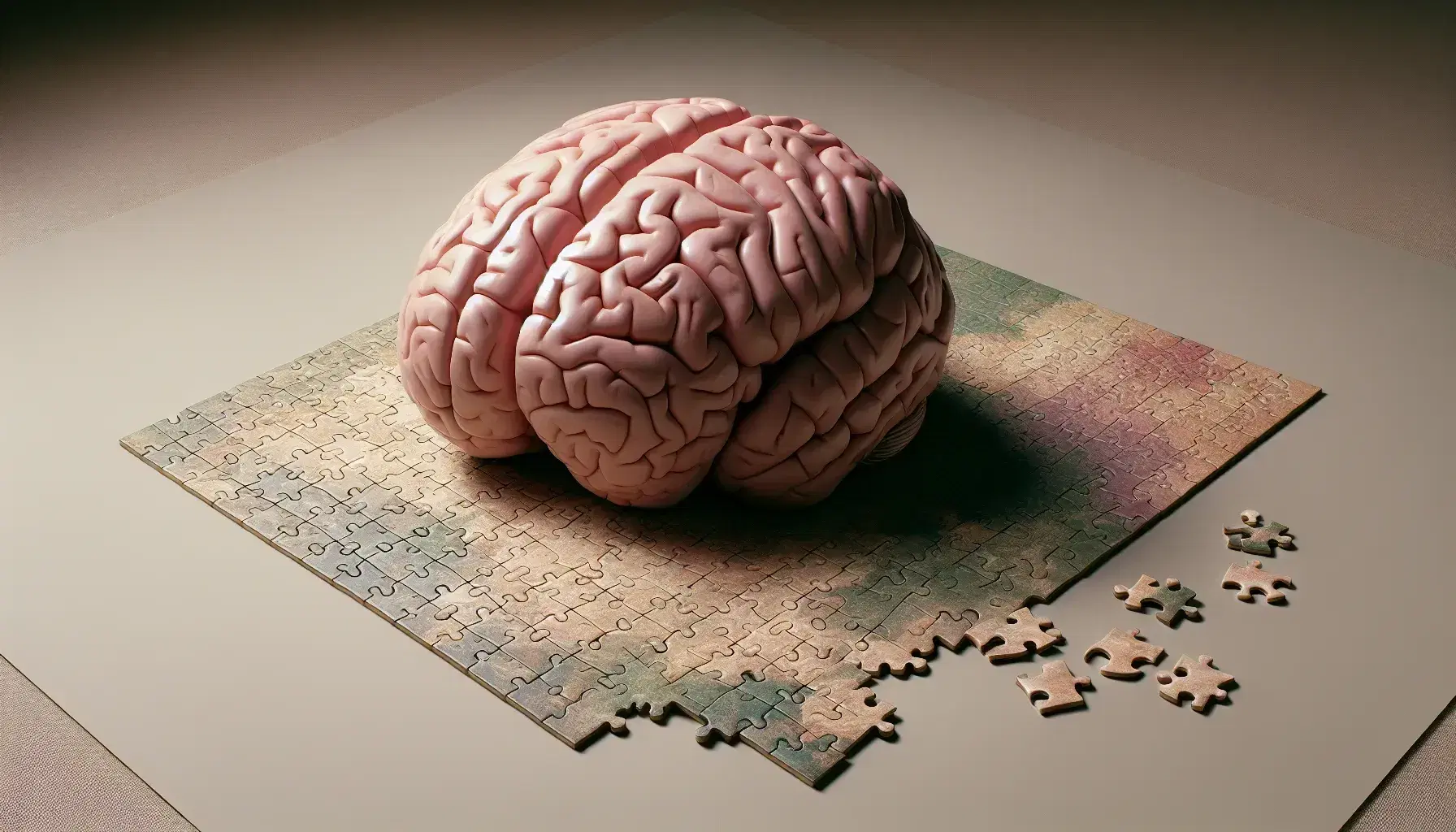 Detailed anatomical model of human brain in lateral view on neutral background next to incomplete puzzle with scattered pieces.