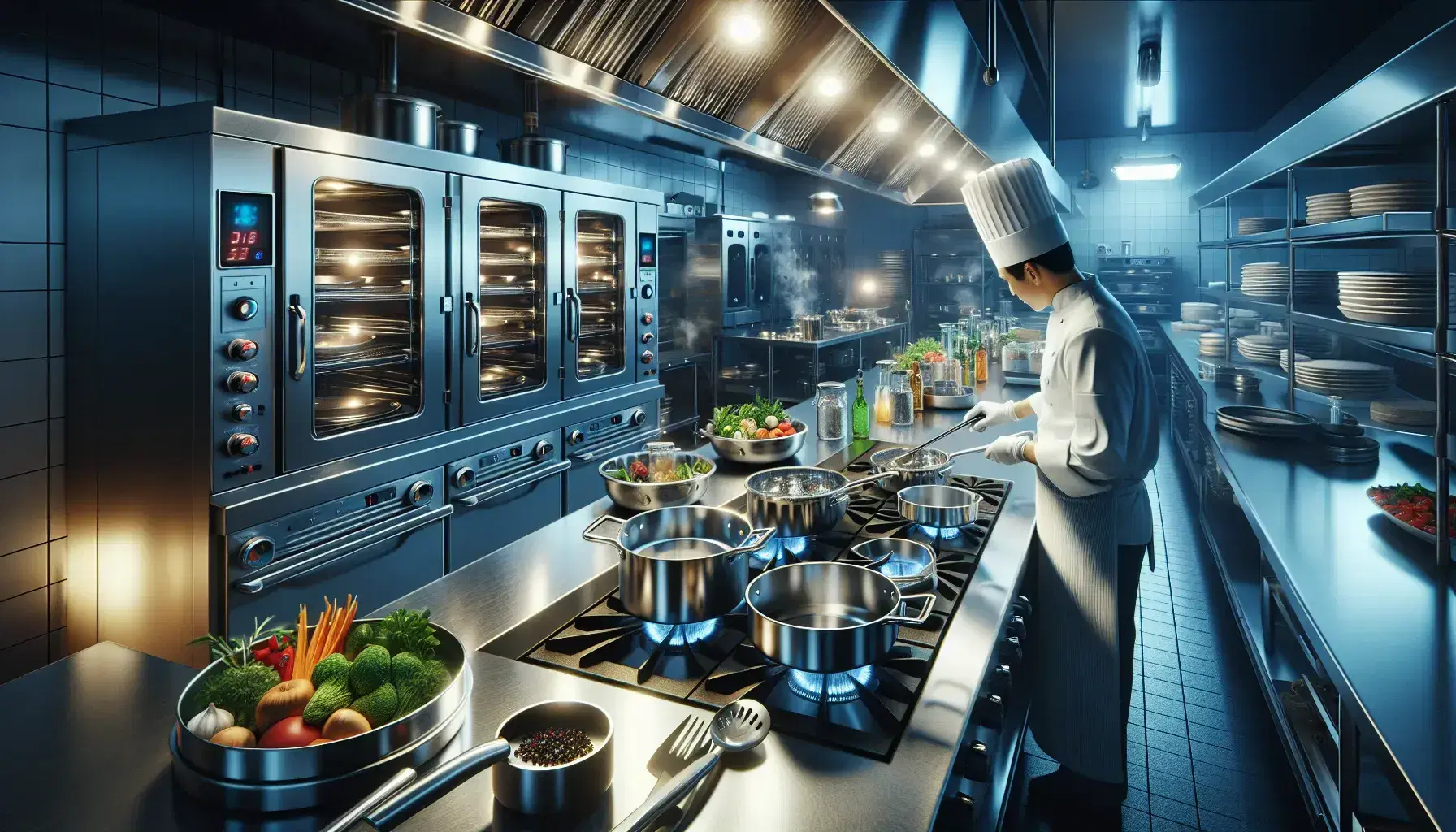 Cocina profesional con estufa de acero inoxidable y quemadores encendidos, chef preparando platos y ingredientes frescos en la encimera.