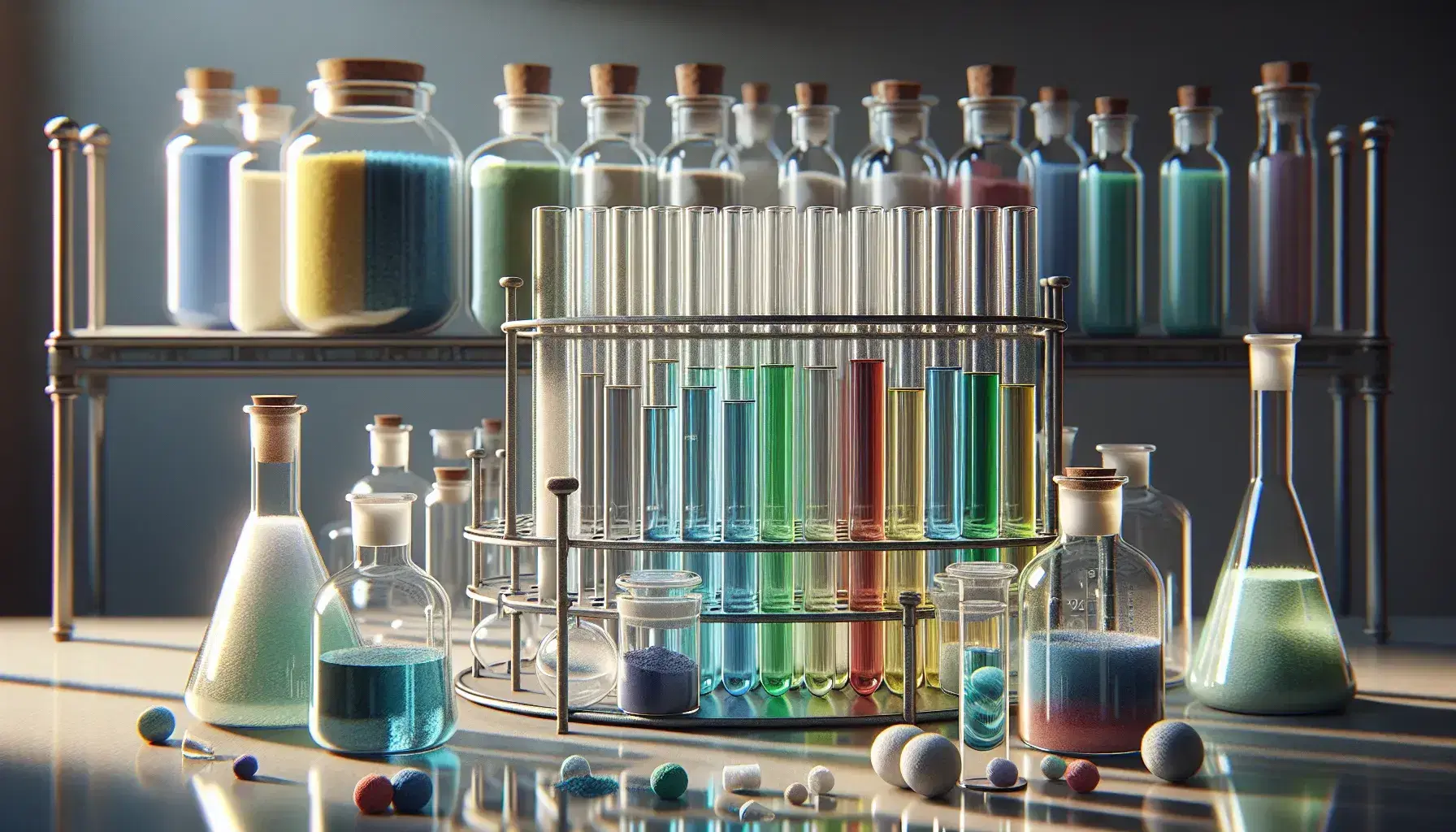 Tubos de ensayo con líquidos de colores azul, verde, amarillo y rojo en soporte metálico, junto a matraz y vaso de precipitados en laboratorio químico.