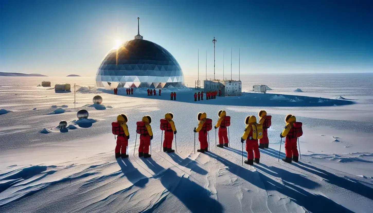 Snowy landscape with explorers in colorful parkas in front of the Amundsen-Scott Station at the South Pole and pole with reflective sphere.