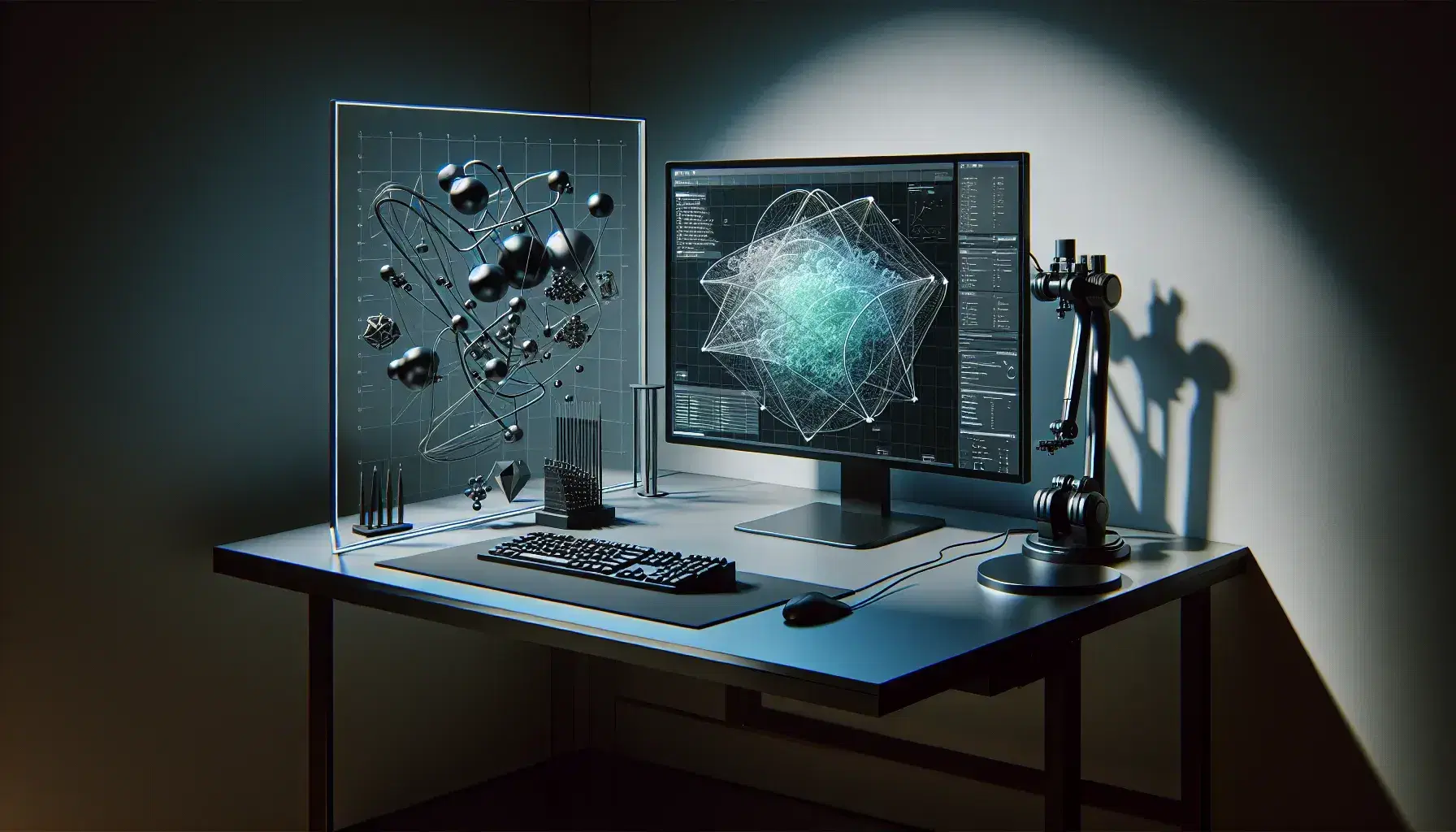 Modern computer workstation with monitor showing complex 3D graph, keyboard, precision mouse, robotic arm and geometric shapes on glass whiteboard.