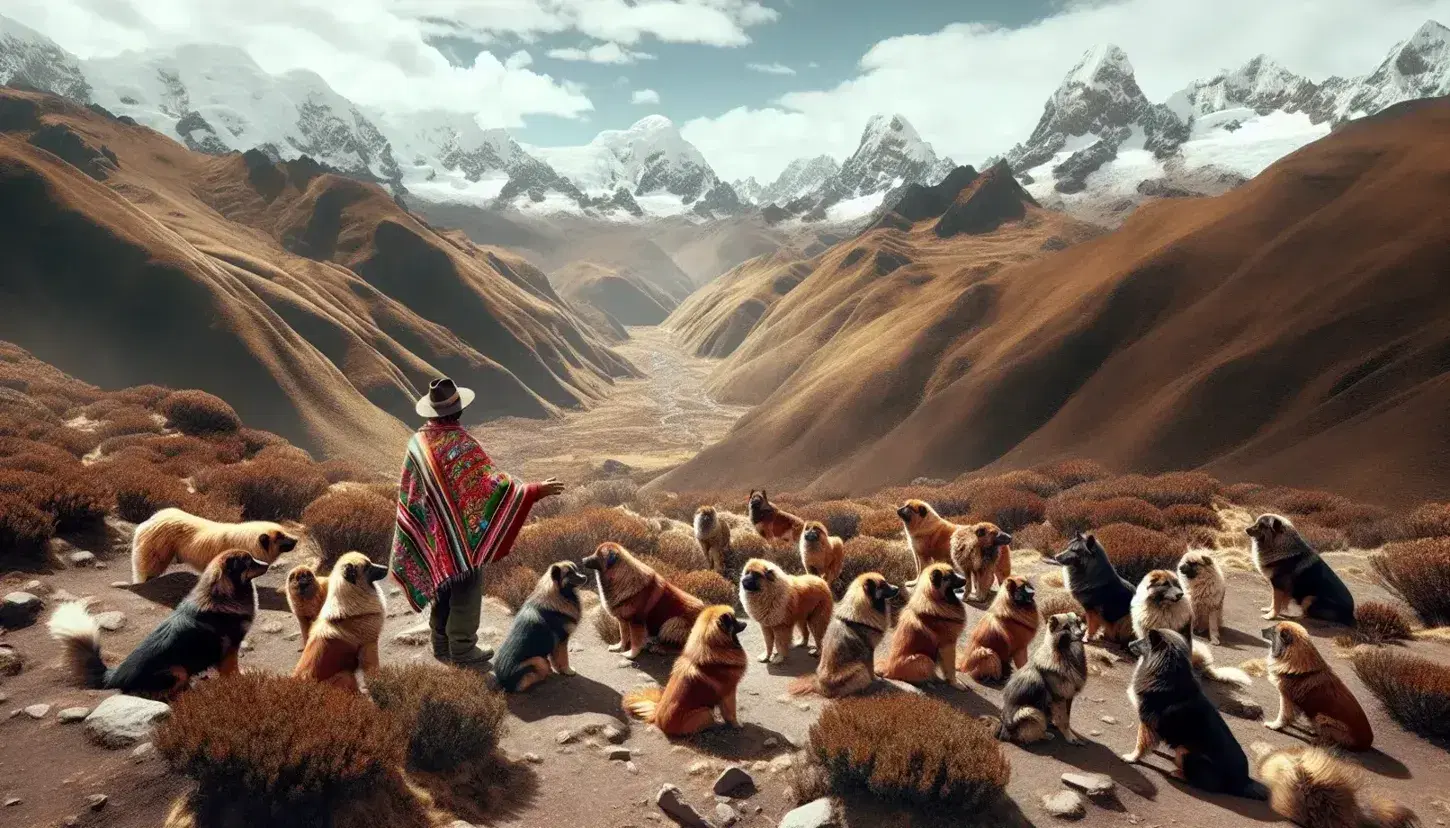 Paisaje de la sierra peruana con montañas nevadas al fondo y un grupo de perros de pelaje espeso junto a una persona con poncho colorido y sombrero.