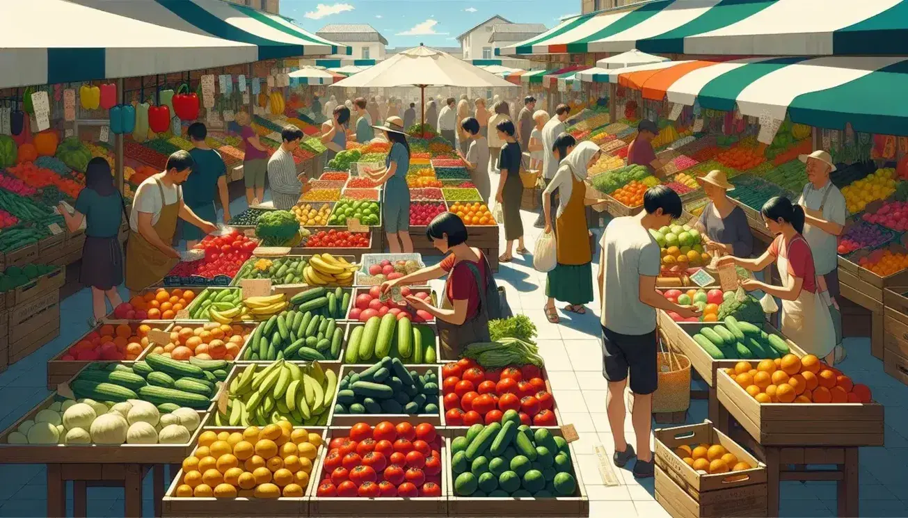 Vibrant outdoor market with fresh tomatoes, cucumbers, bananas, oranges on stalls, shoppers engaging with vendors under colorful canopies, clear blue sky.