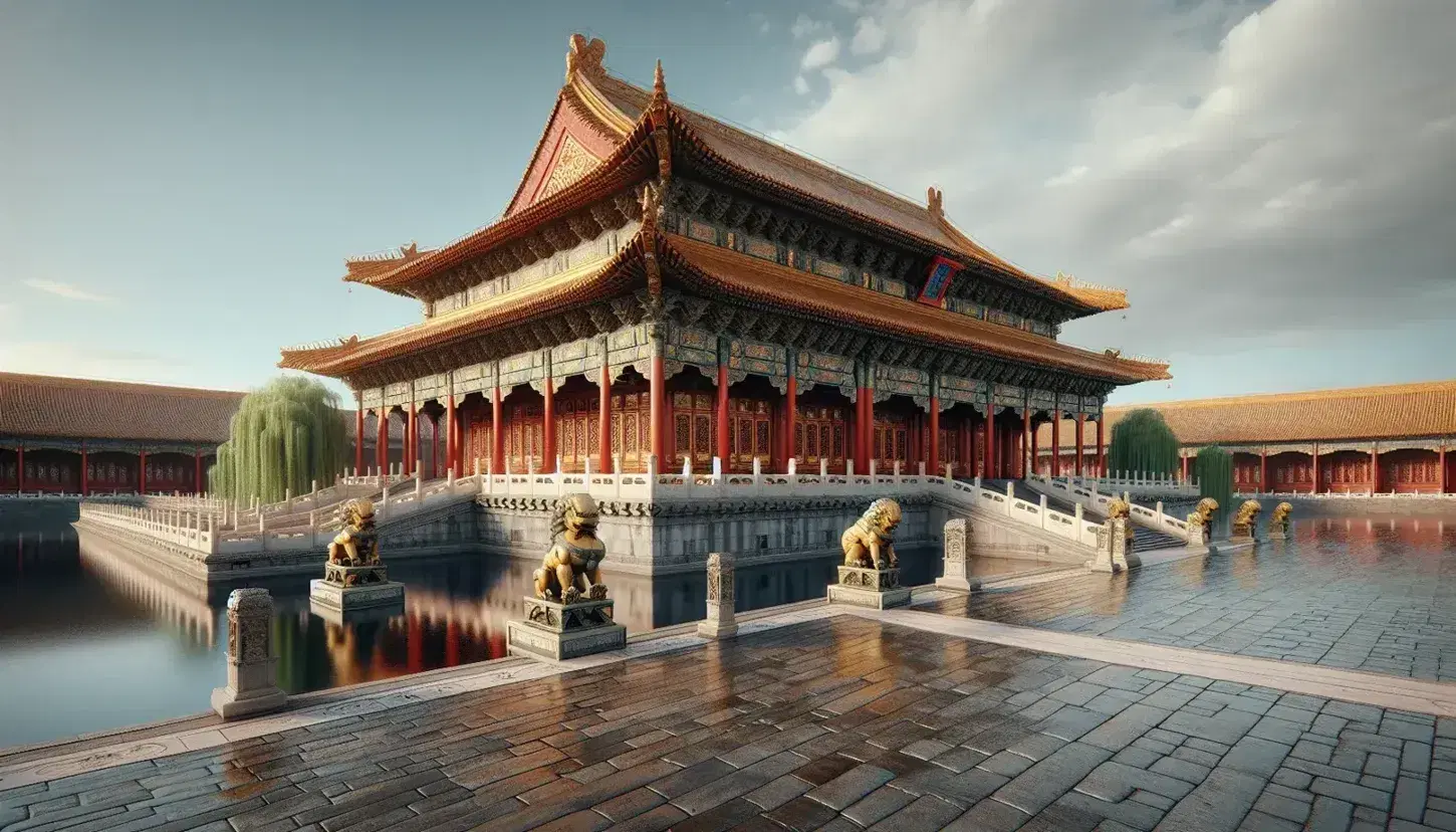 Traditional Qing Dynasty palace with yellow-glazed tile roof, red columns, white walls, and a courtyard, surrounded by a red wall with stone lions and a pond with lotus flowers.