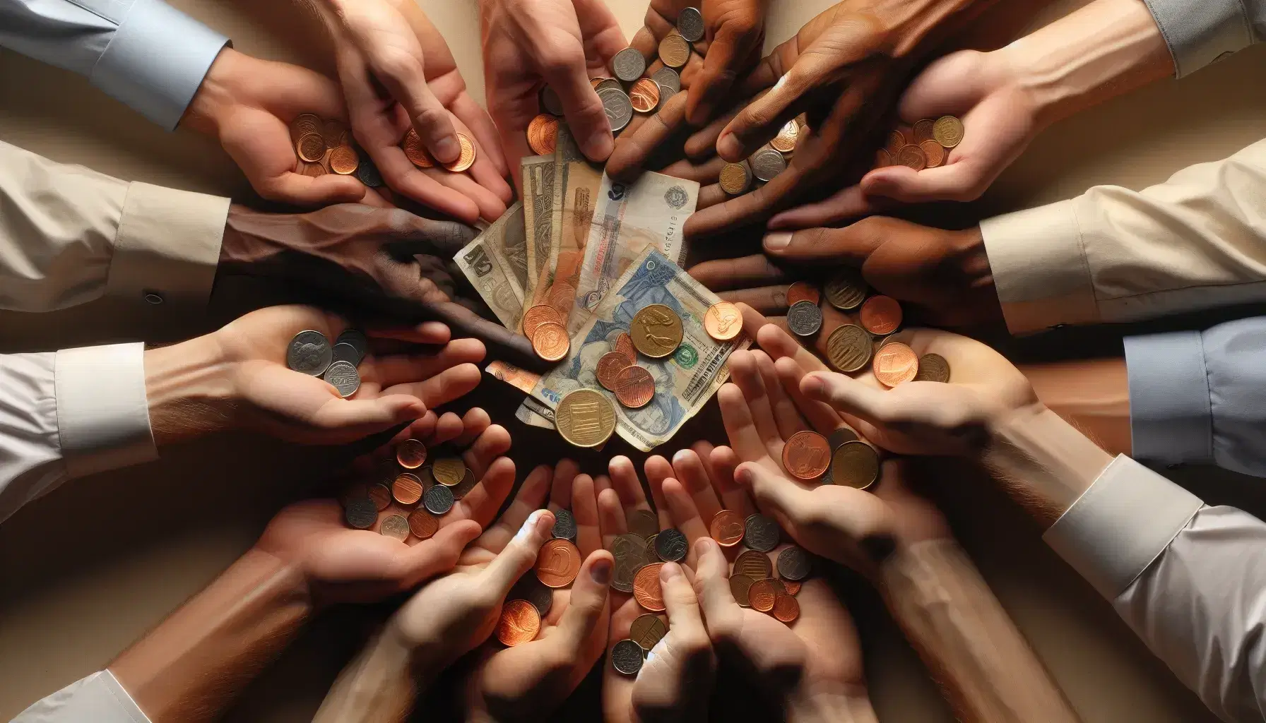 Manos de diversas tonalidades de piel sosteniendo conjuntamente monedas y billetes de diferentes divisas, simbolizando unidad y diversidad económica.