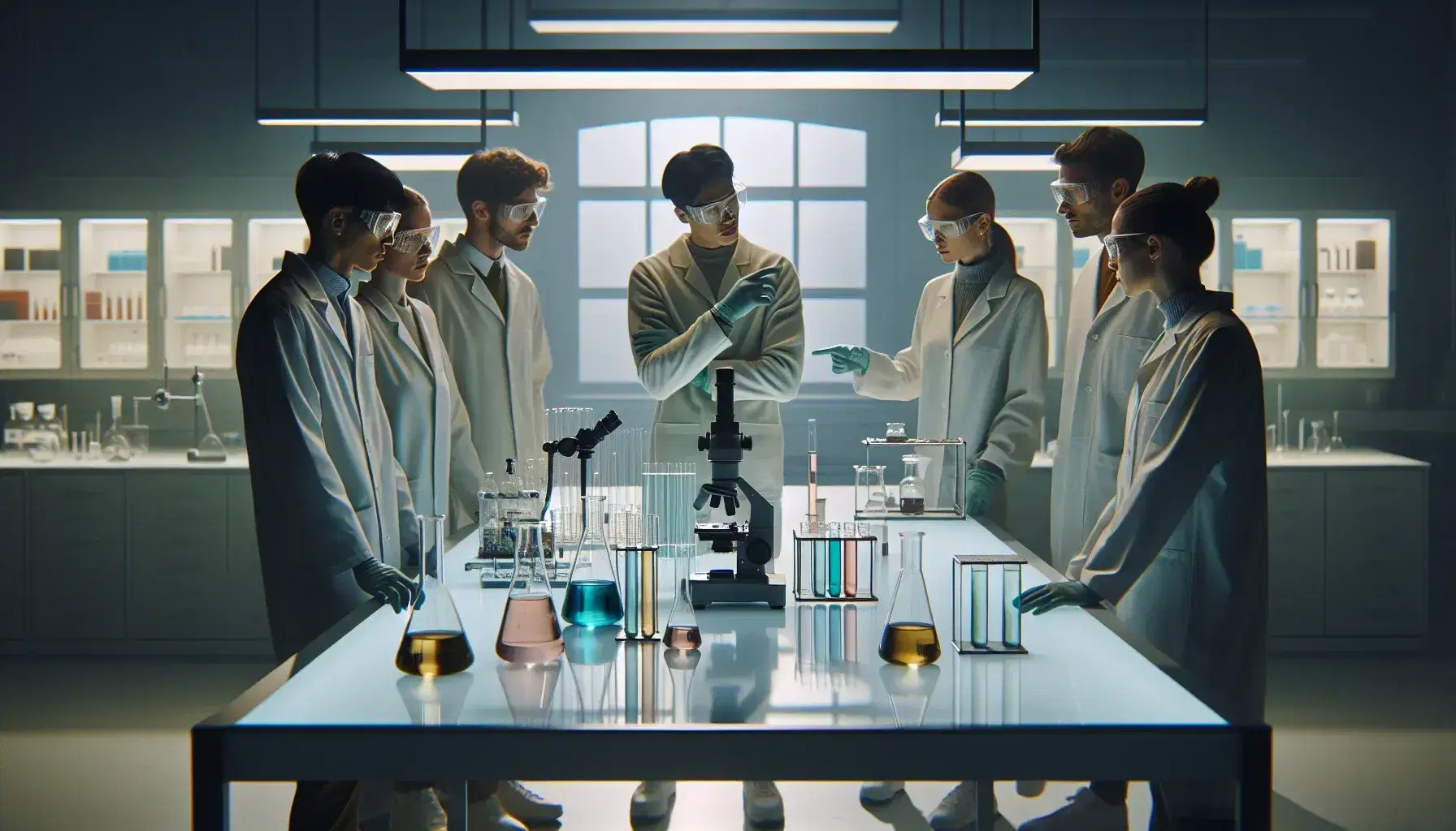 Grupo de cinco científicos colaborando en un laboratorio con microscopio y probetas de líquidos coloridos sobre una mesa.