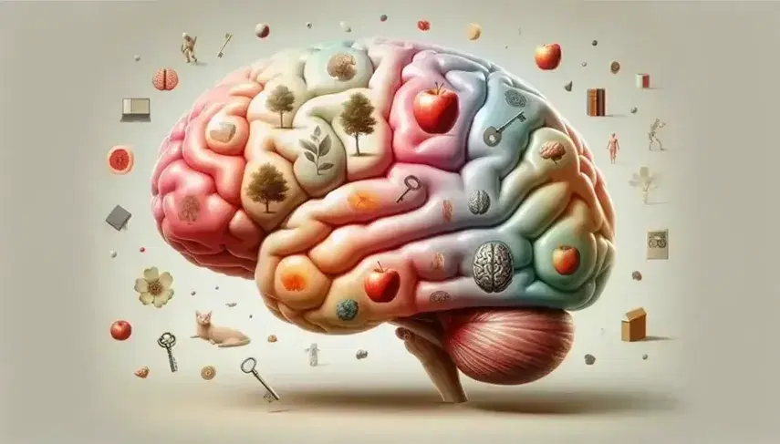 Sezione sagittale di un cervello umano con oggetti stilizzati fluttuanti intorno, tra cui mela, chiave, albero, gatto e casa.
