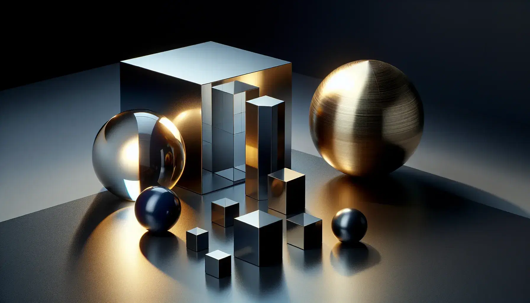 Reflective steel cube, brass sphere, and blue cylinder on matte black surface with acrylic tetrahedron, white cone, and silver octahedron in soft lighting.