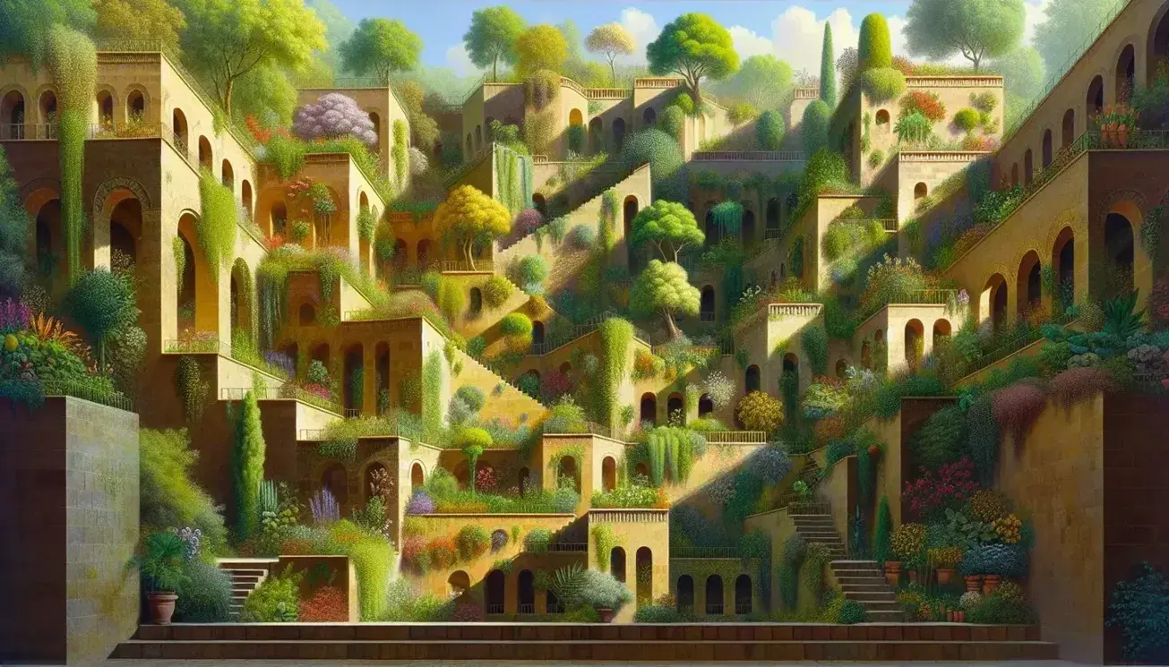 Giardini Pensili di Babilonia artistici con terrazze verdi, scalinata in pietra, vegetazione lussureggiante e cielo azzurro.