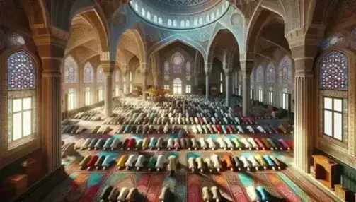 Interno di una moschea illuminata con fedeli in preghiera su tappeto decorato, finestre a vetri colorati e minbar in legno.